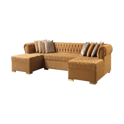 Mustard Velvet U Shaped Three Piece Sofa and Chaise Sectional With Toss Pillows HomeRoots
