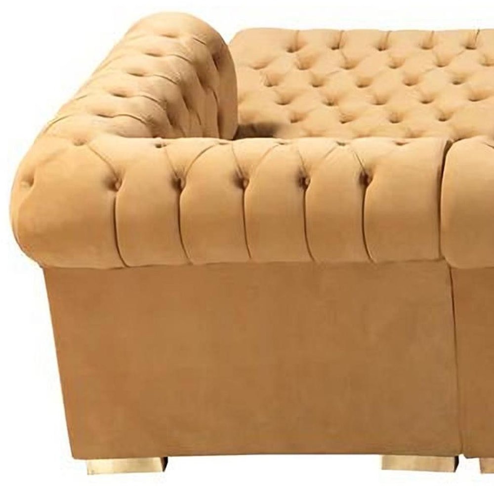 Mustard Velvet U Shaped Three Piece Sofa and Chaise Sectional With Toss Pillows HomeRoots
