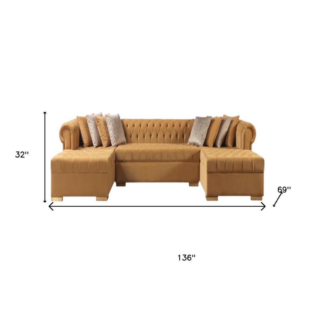 Mustard Velvet U Shaped Three Piece Sofa and Chaise Sectional With Toss Pillows HomeRoots
