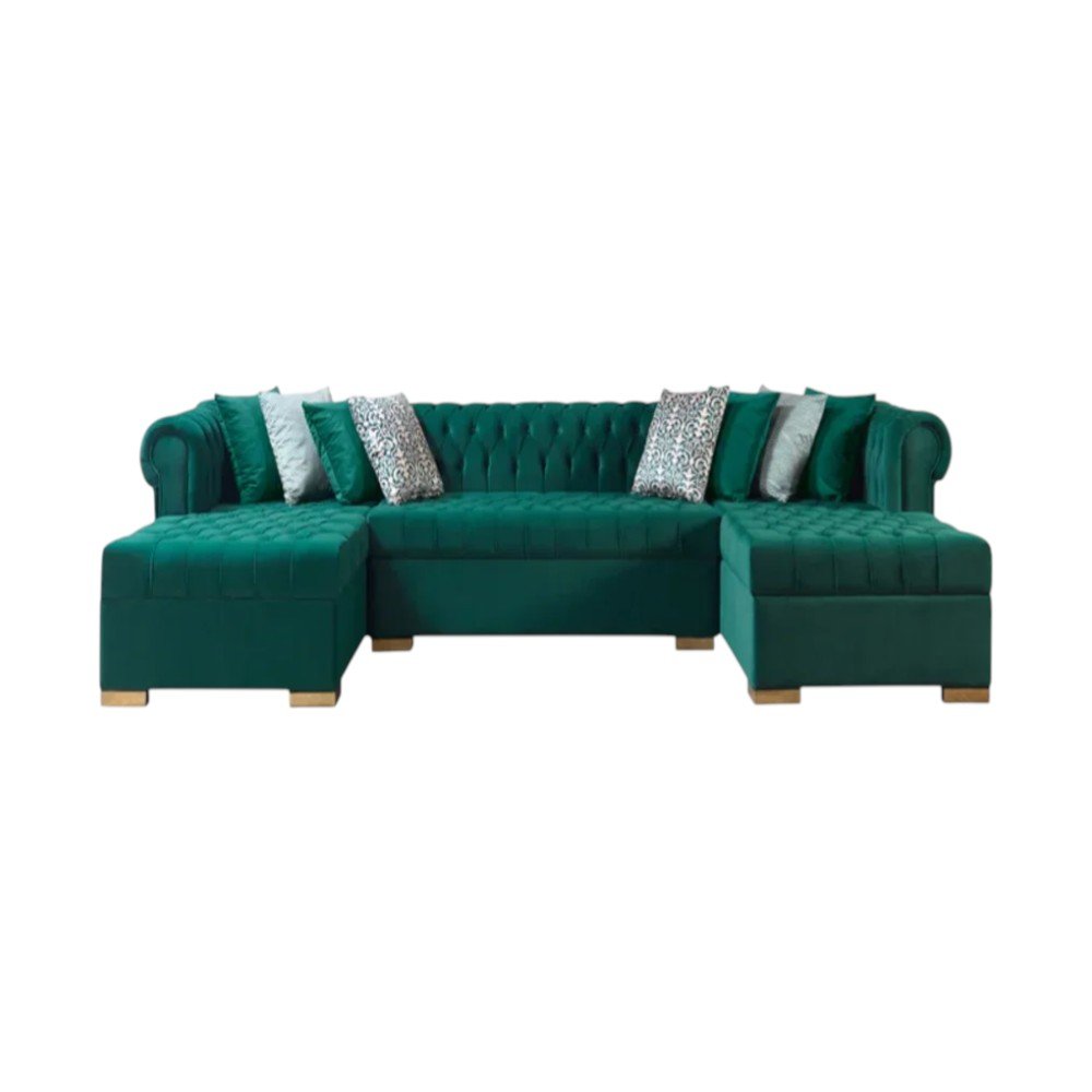 Green Velvet U Shaped Three Piece Sofa and Chaise Sectional With Toss Pillows HomeRoots