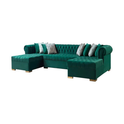 Green Velvet U Shaped Three Piece Sofa and Chaise Sectional With Toss Pillows HomeRoots