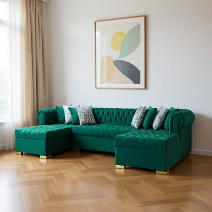 Green Velvet U Shaped Three Piece Sofa and Chaise Sectional With Toss Pillows HomeRoots