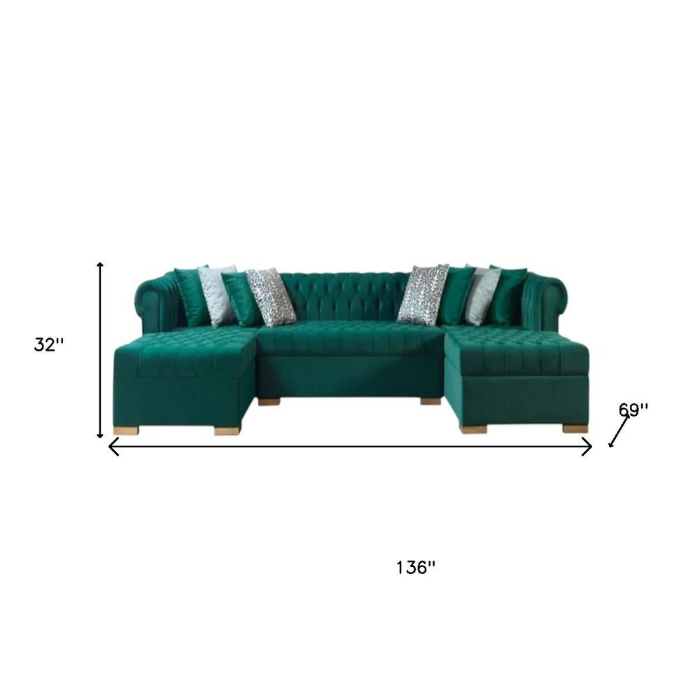 Green Velvet U Shaped Three Piece Sofa and Chaise Sectional With Toss Pillows HomeRoots