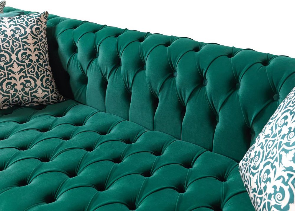Green Velvet U Shaped Three Piece Sofa and Chaise Sectional With Toss Pillows HomeRoots