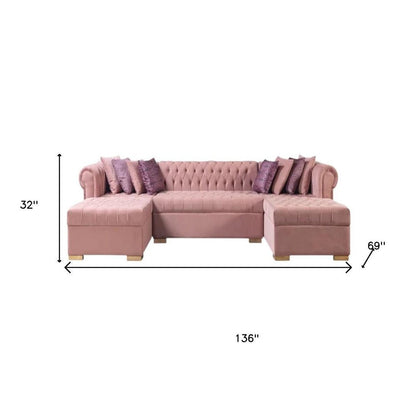 Pink Velvet U Shaped Three Piece Sofa and Chaise Sectional With Toss Pillows HomeRoots
