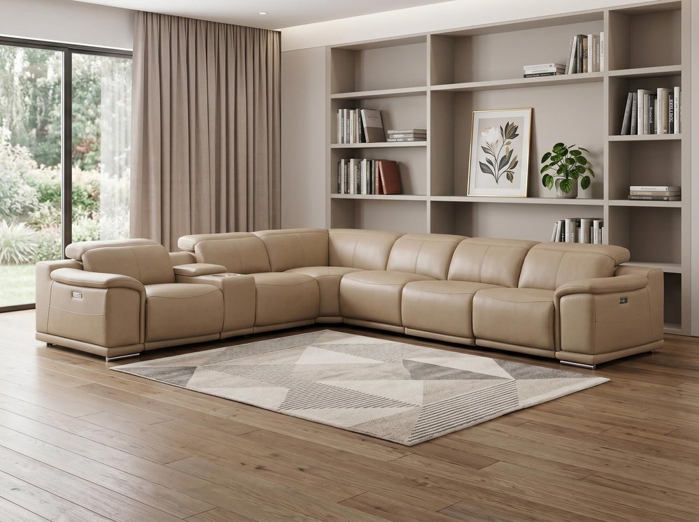 Beige Leather Modular L Shaped Seven Piece Corner Sectional With Console — view 7