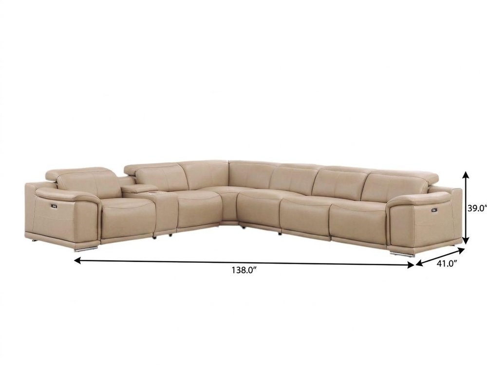 Beige Leather Modular L Shaped Seven Piece Corner Sectional With Console — view 8