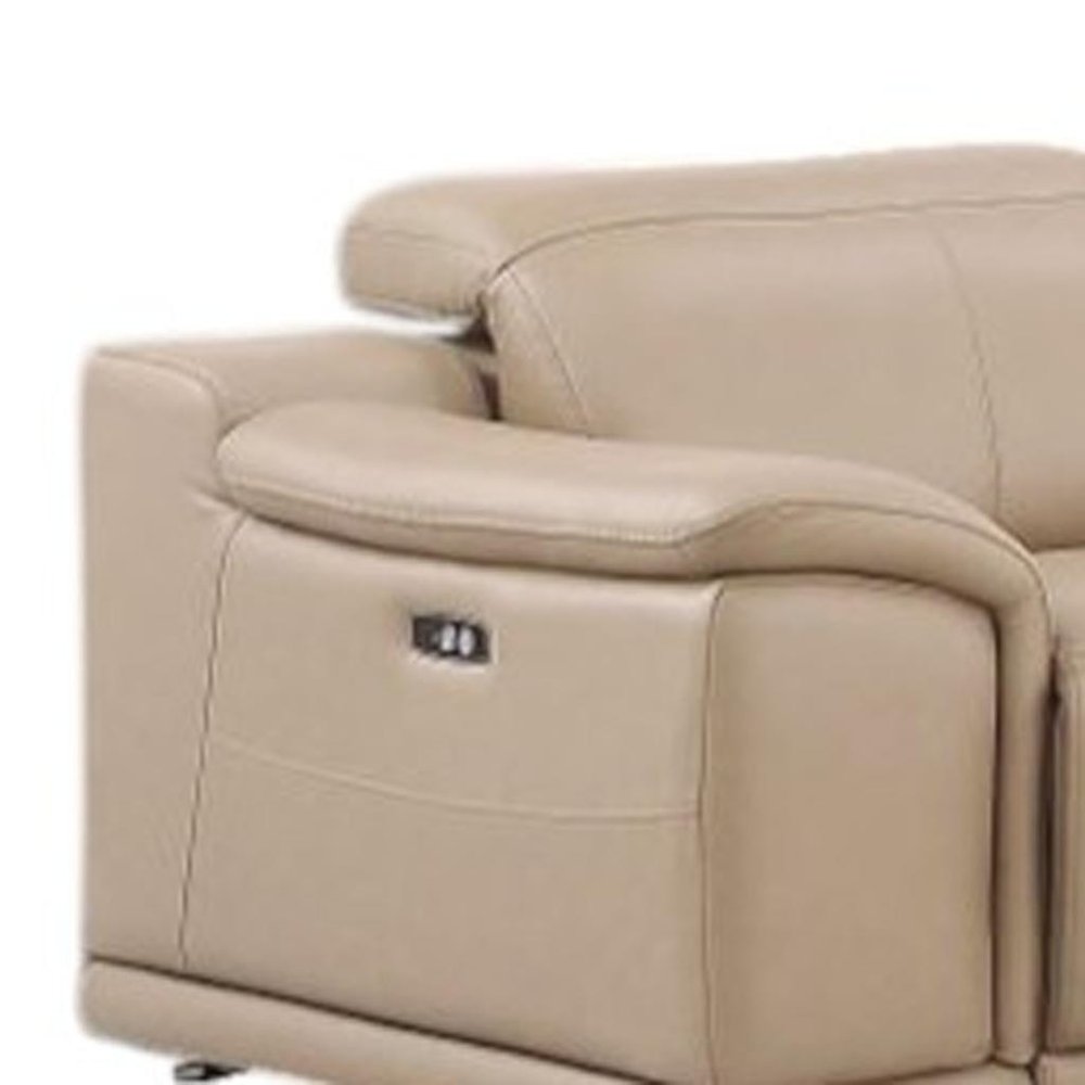 Beige Leather Modular L Shaped Seven Piece Corner Sectional With Console — view 5