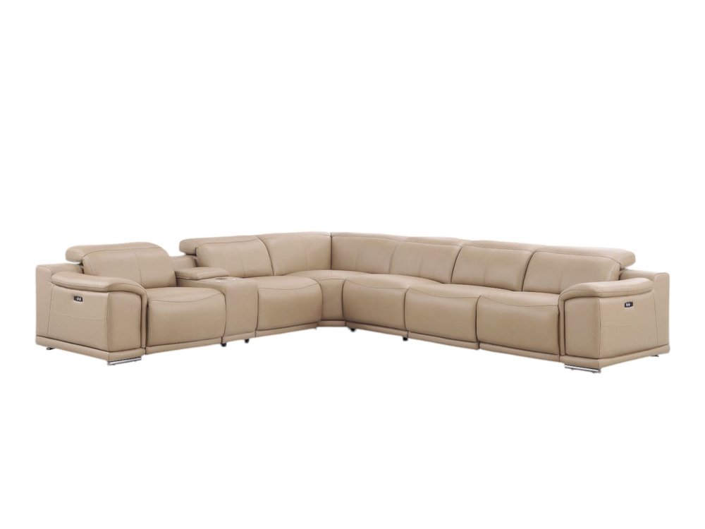 Beige Leather Modular L Shaped Seven Piece Corner Sectional With Console — view 4
