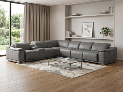 Battleship Gray Leather Modular L Shaped Seven Piece Corner Sectional With Console