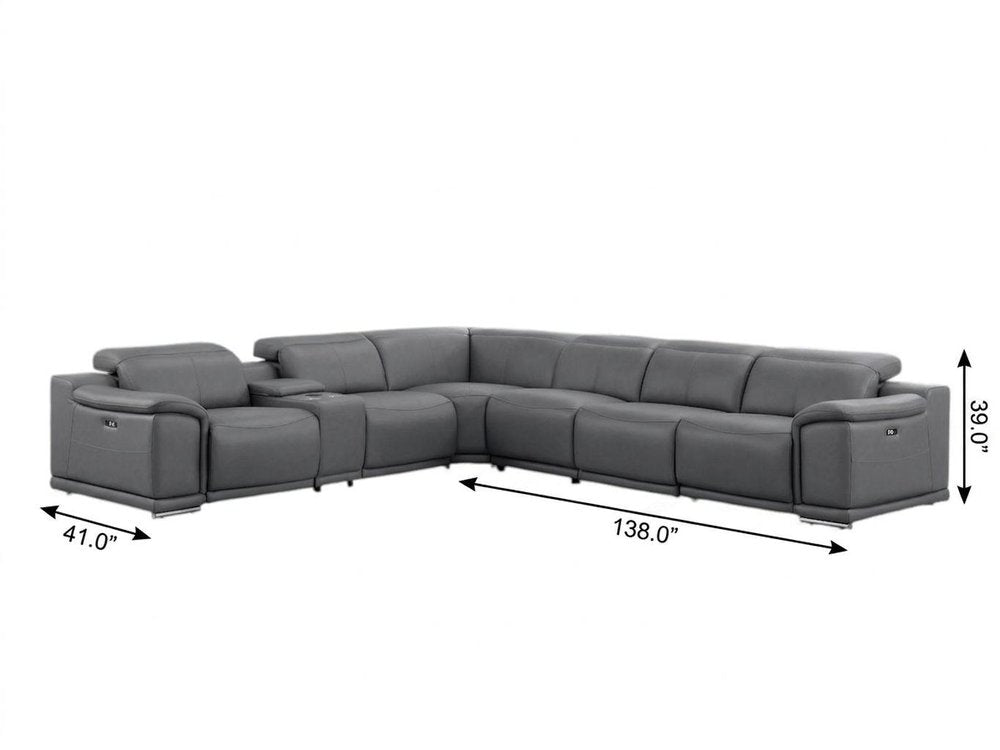 Battleship Gray Leather Modular L Shaped Seven Piece Corner Sectional With Console — view 9
