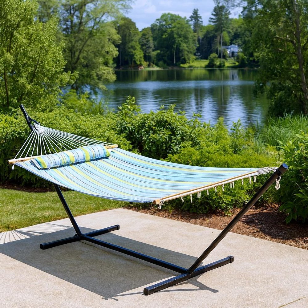 Aqua And Lime Green Striped Double Hammock HomeRoots