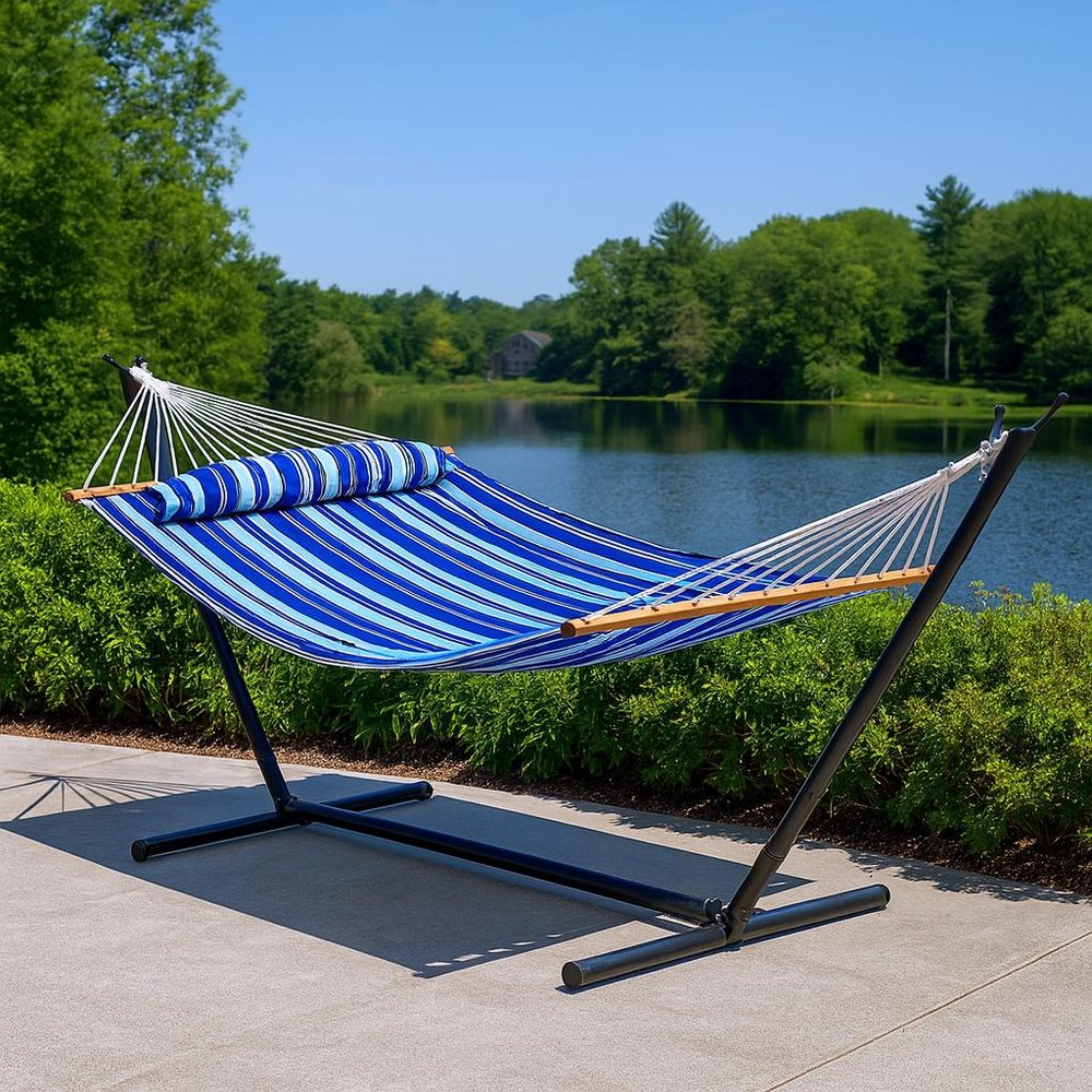 Light Blue And Dark Blue Striped Double Hammock — view 4