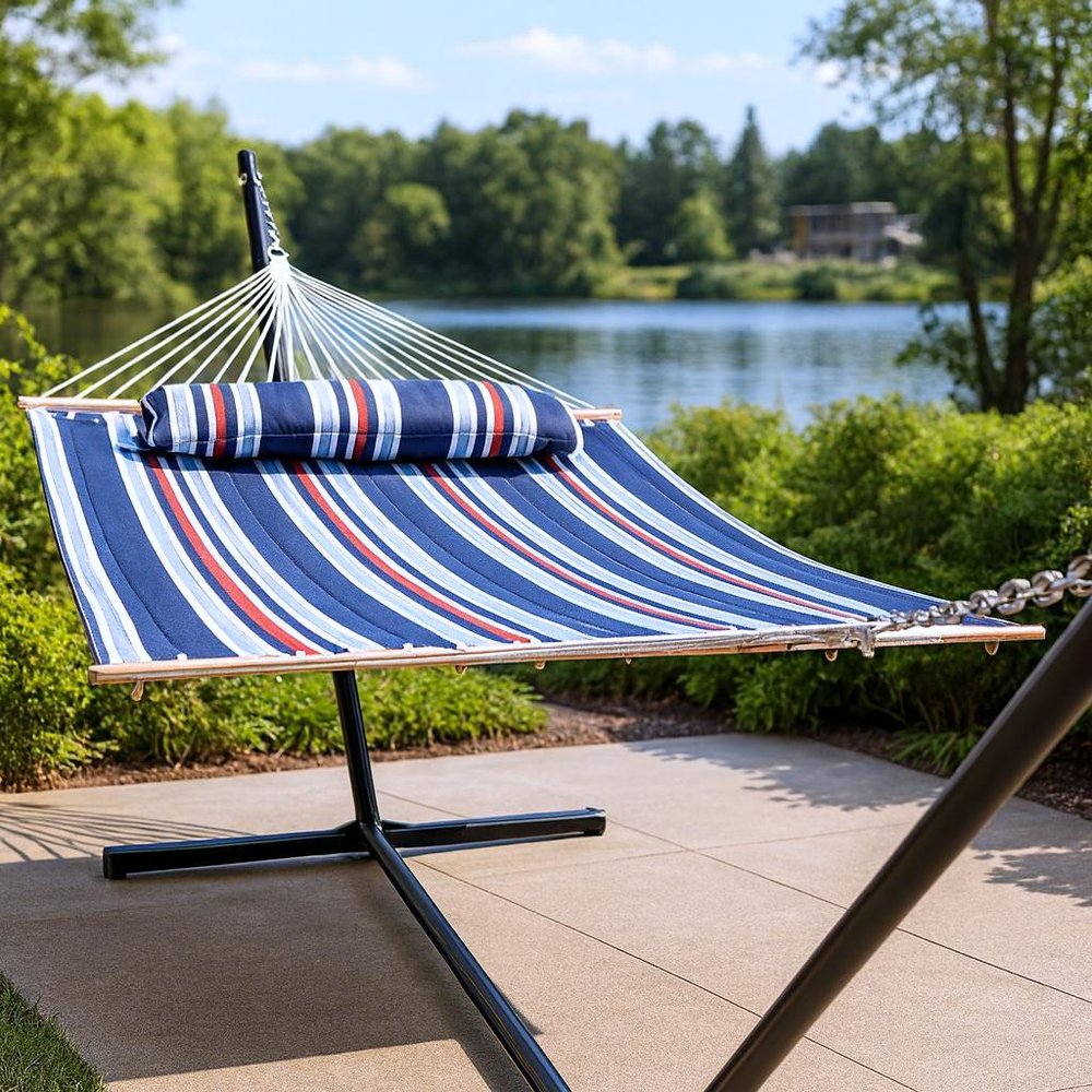 Blue Red And White Striped Double Hammock — view 2
