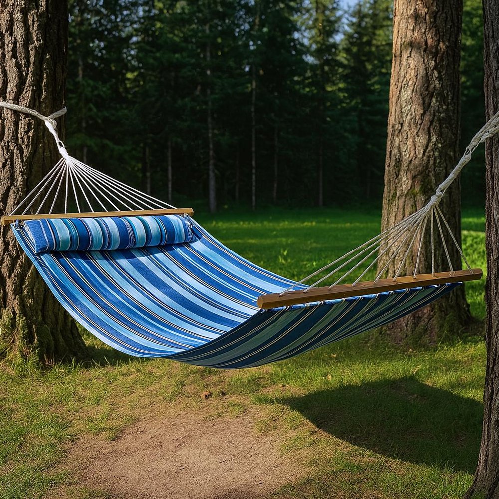 Light Blue And Dark Blue Striped Double Hammock — view 3