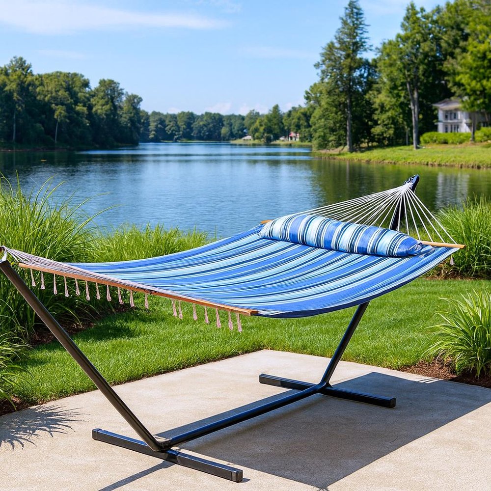 Light Blue And Dark Blue Striped Double Hammock — view 4