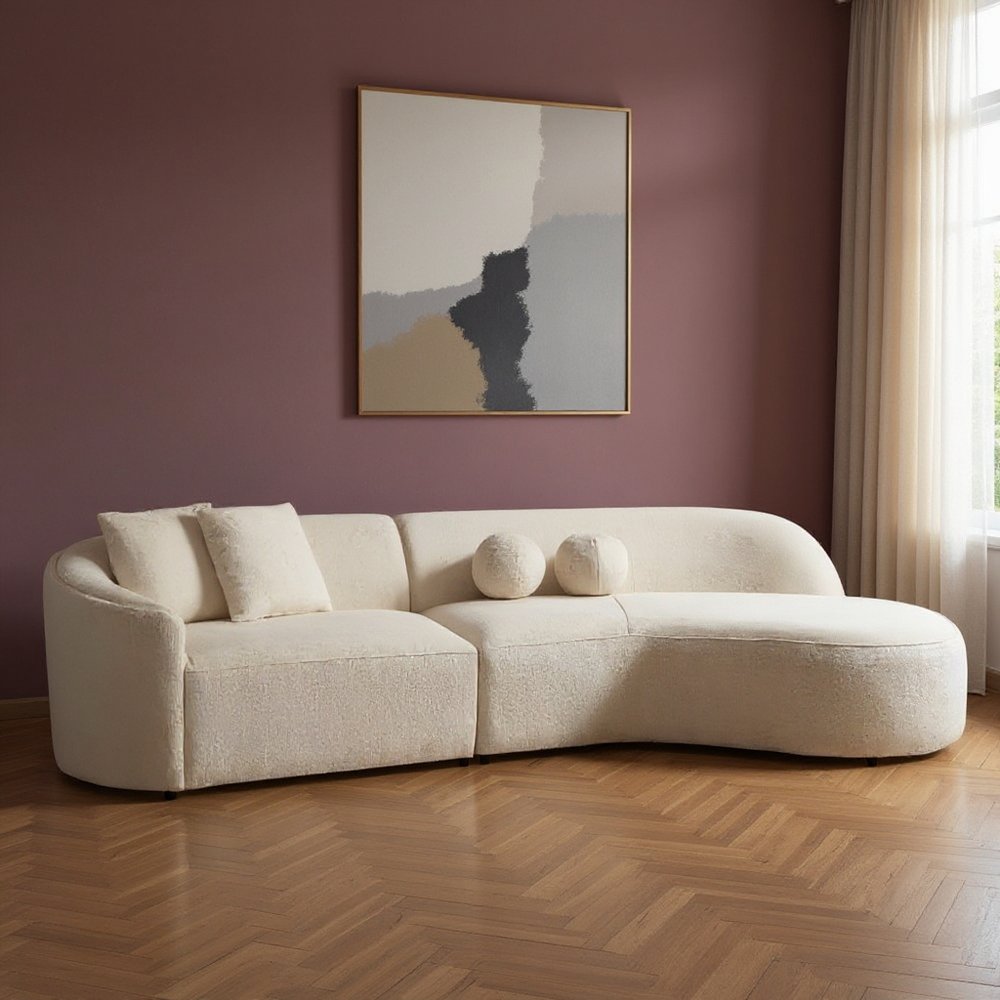 Ivory Boucle Modular Curved Two Piece Sofa and Chaise Sectional With Toss Pillows HomeRoots