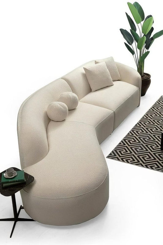 Ivory Boucle Modular Curved Two Piece Sofa and Chaise Sectional With Toss Pillows HomeRoots