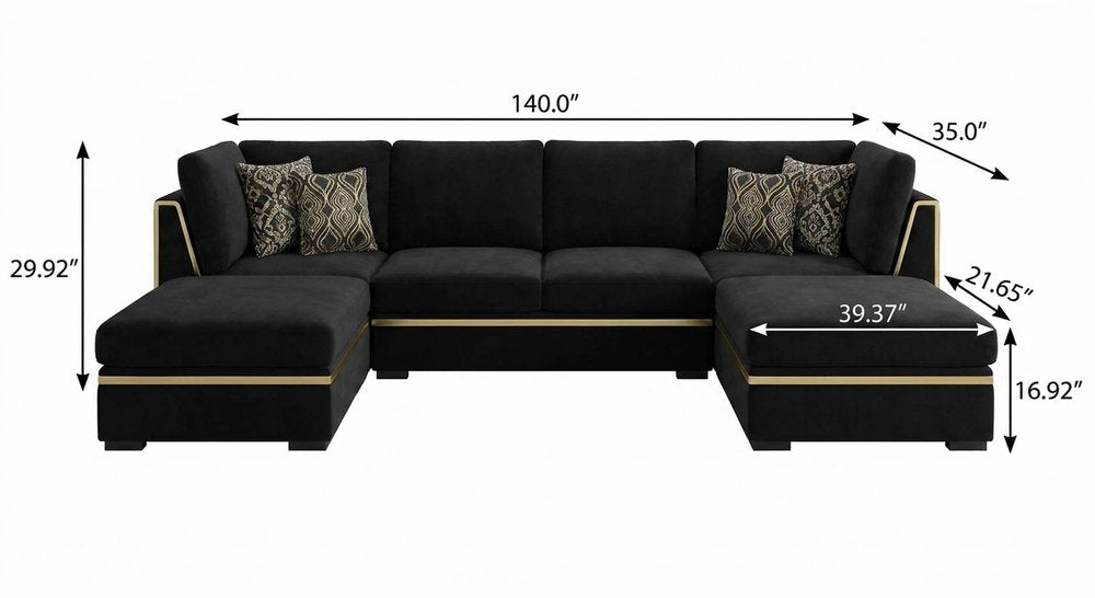 Black Velvet Modular U Shaped Four Piece Sofa and Chaise Sectional With Toss Pillows HomeRoots
