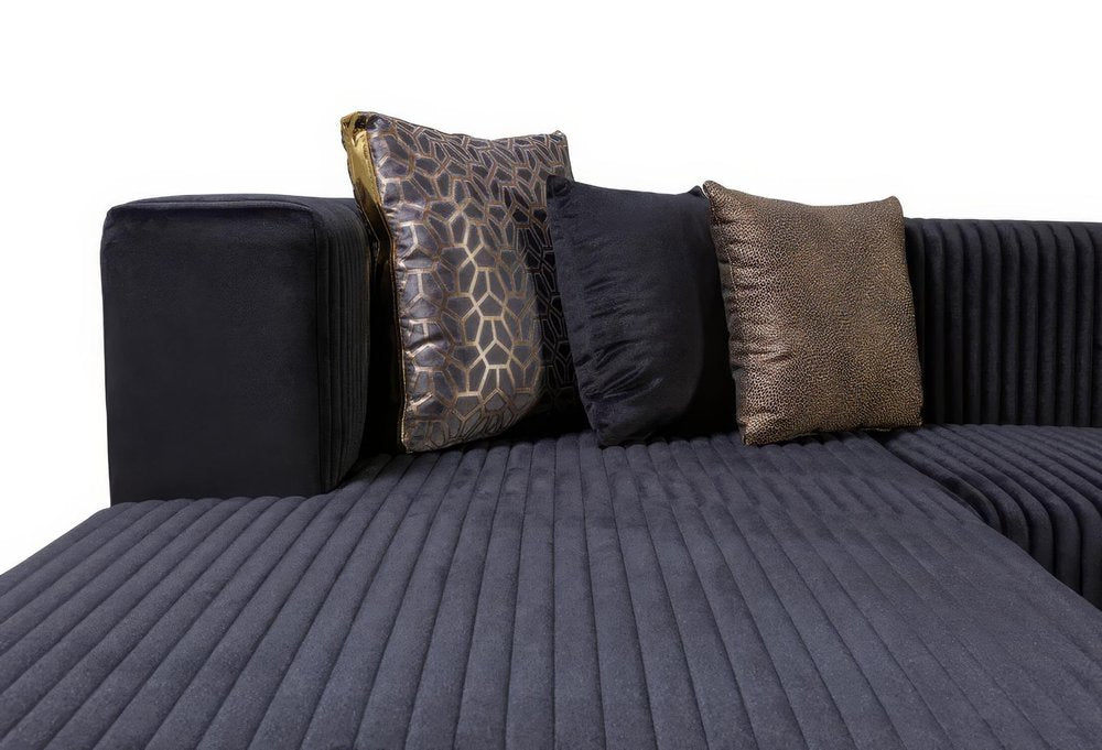 Black Velvet Modular U Shaped Four Piece Sofa and Chaise Sectional With Toss Pillows HomeRoots