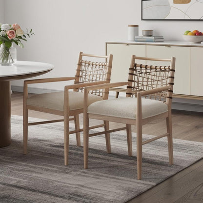 Set of Two Ivory And White Upholstered And Solid Wood Open Back Dining Arm Chairs HomeRoots