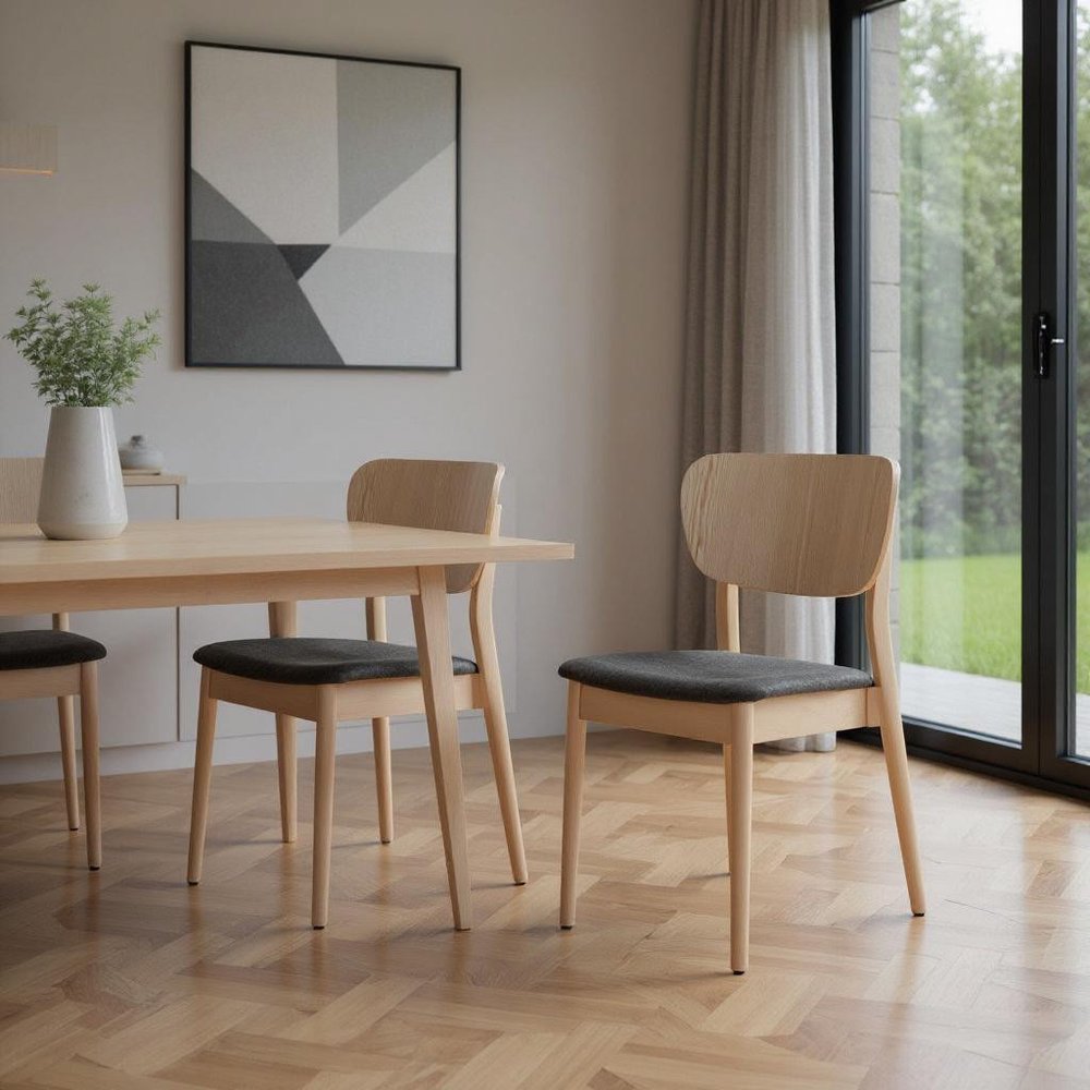 Set of Two Gray And Natural Faux Linen And Wood Open Back Dining Side Chairs — view 3