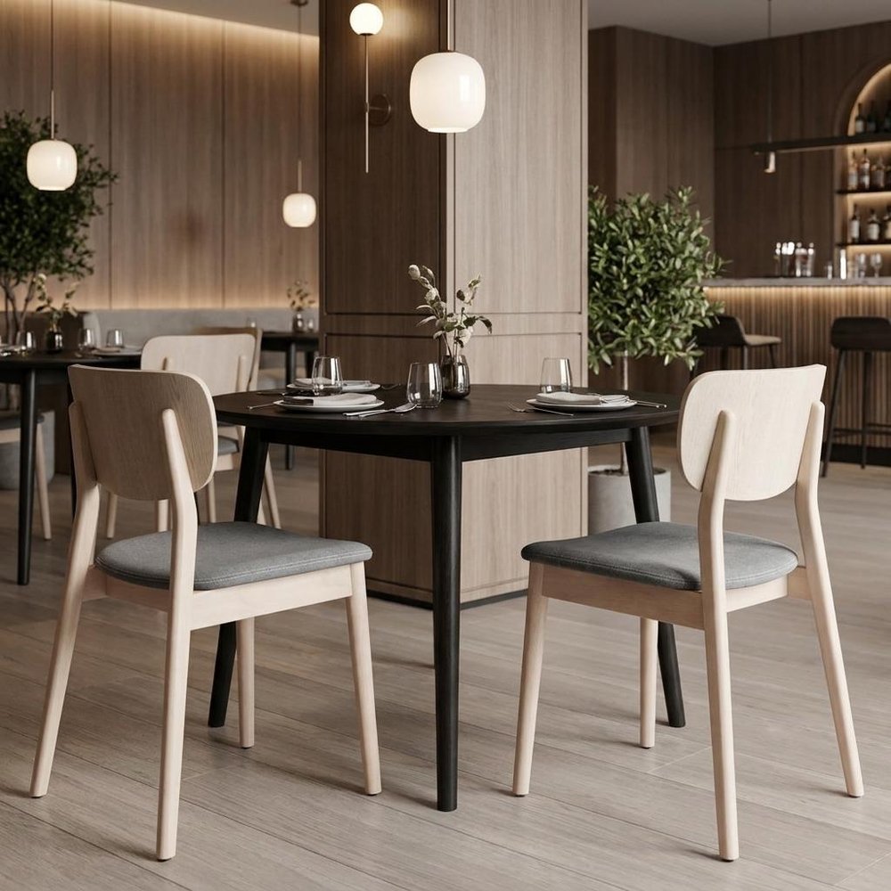 Set of Two Gray And Natural Faux Linen And Wood Open Back Dining Side Chairs HomeRoots
