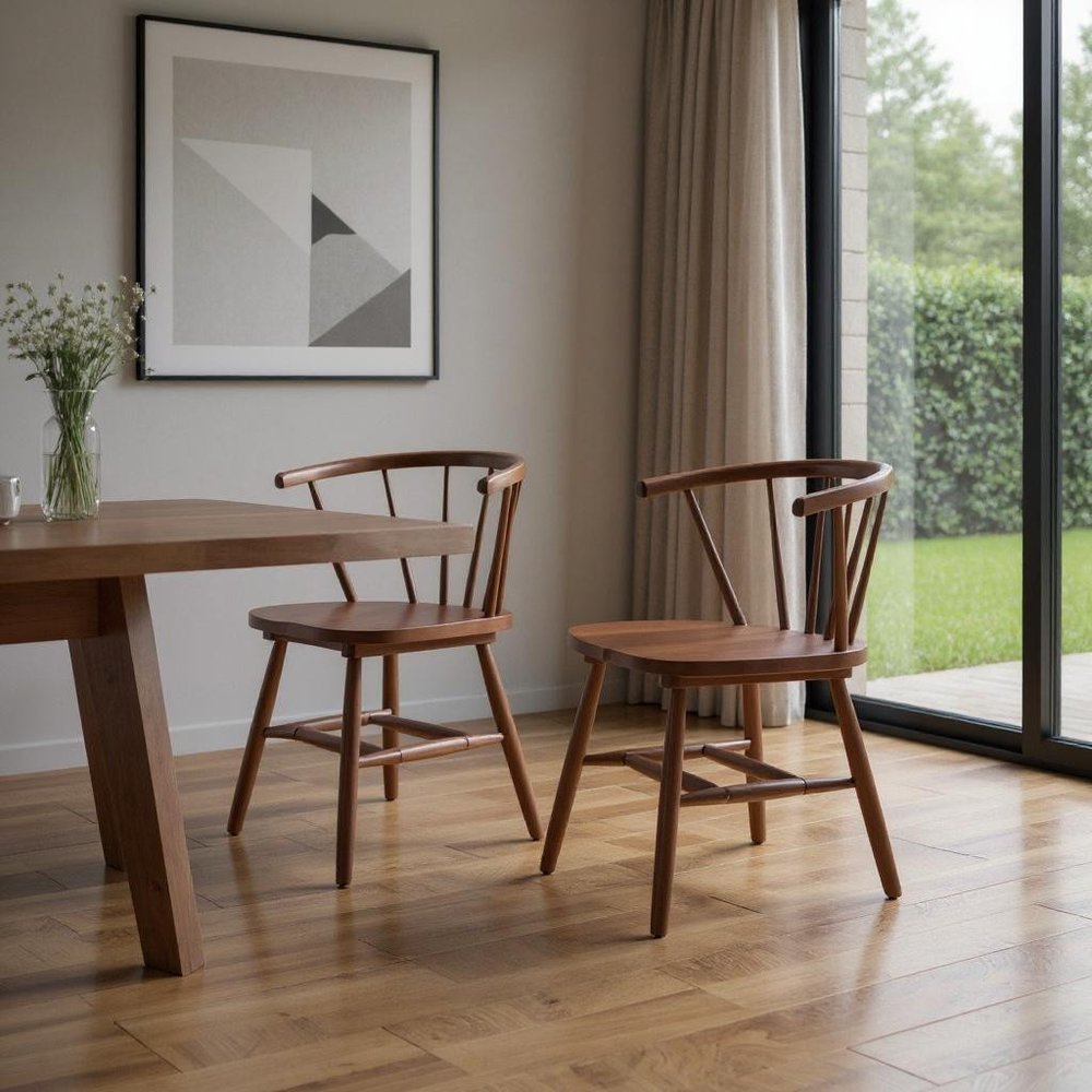 Set of Two Walnut And Brown Solid Wood Windsor Back Dining Side Chairs — view 3