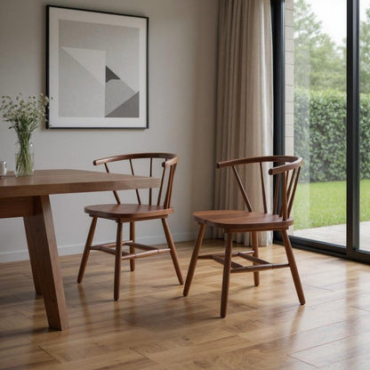 Set of Two Walnut And Brown Solid Wood Windsor Back Dining Side Chairs HomeRoots