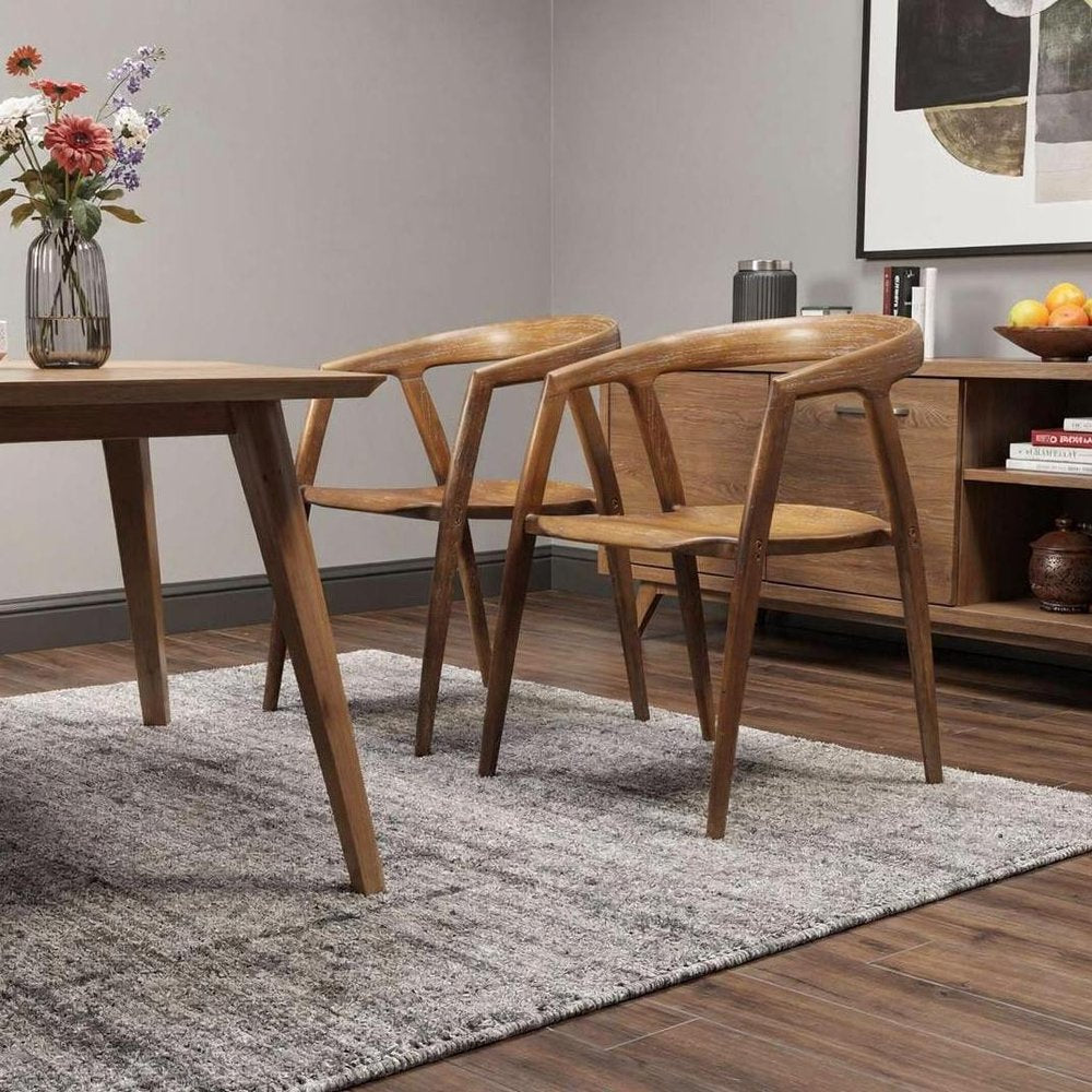 Set of Two Walnut And Brown Solid Wood Open Back Dining Arm Chairs HomeRoots