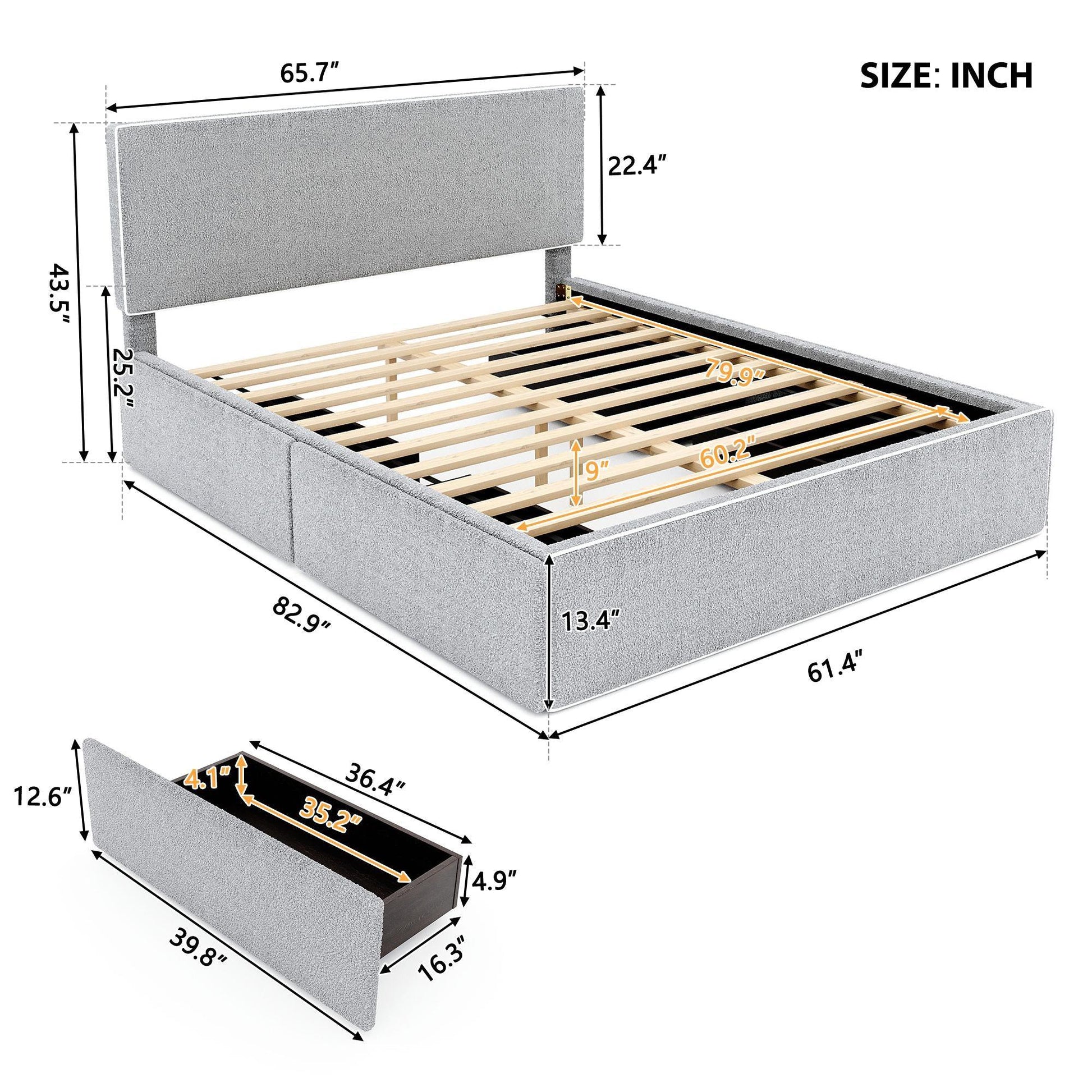 Upholstered Platform Bed with 4 Drawers and White Edge on the Headboard & Footboard, Gray - FurniFindUSA