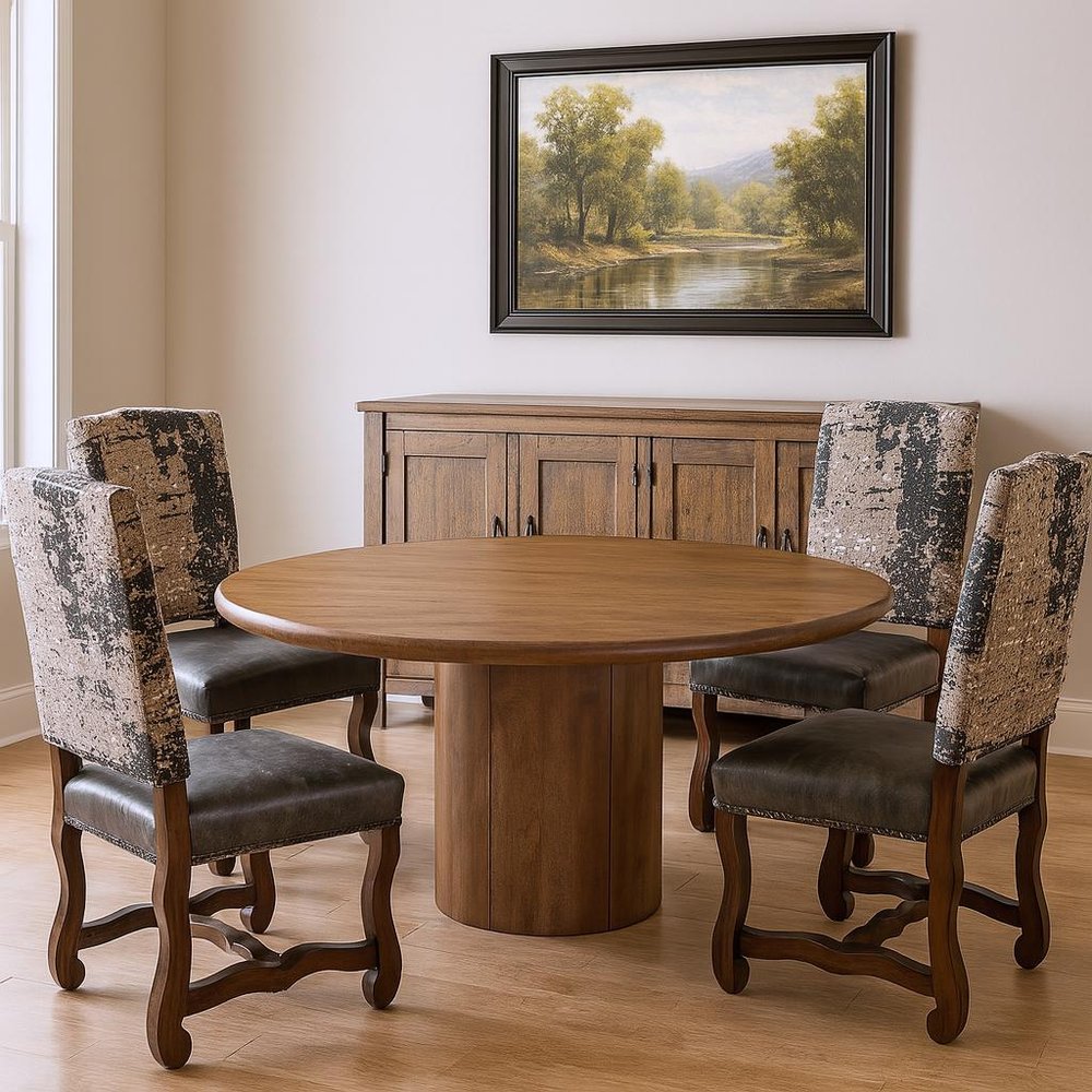 Five Piece Brown Round Solid Wood Dining Set with Four Chairs HomeRoots