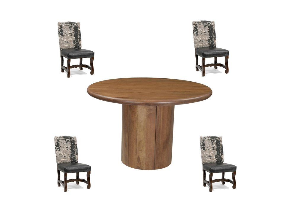 Five Piece Brown Round Solid Wood Dining Set with Four Chairs HomeRoots