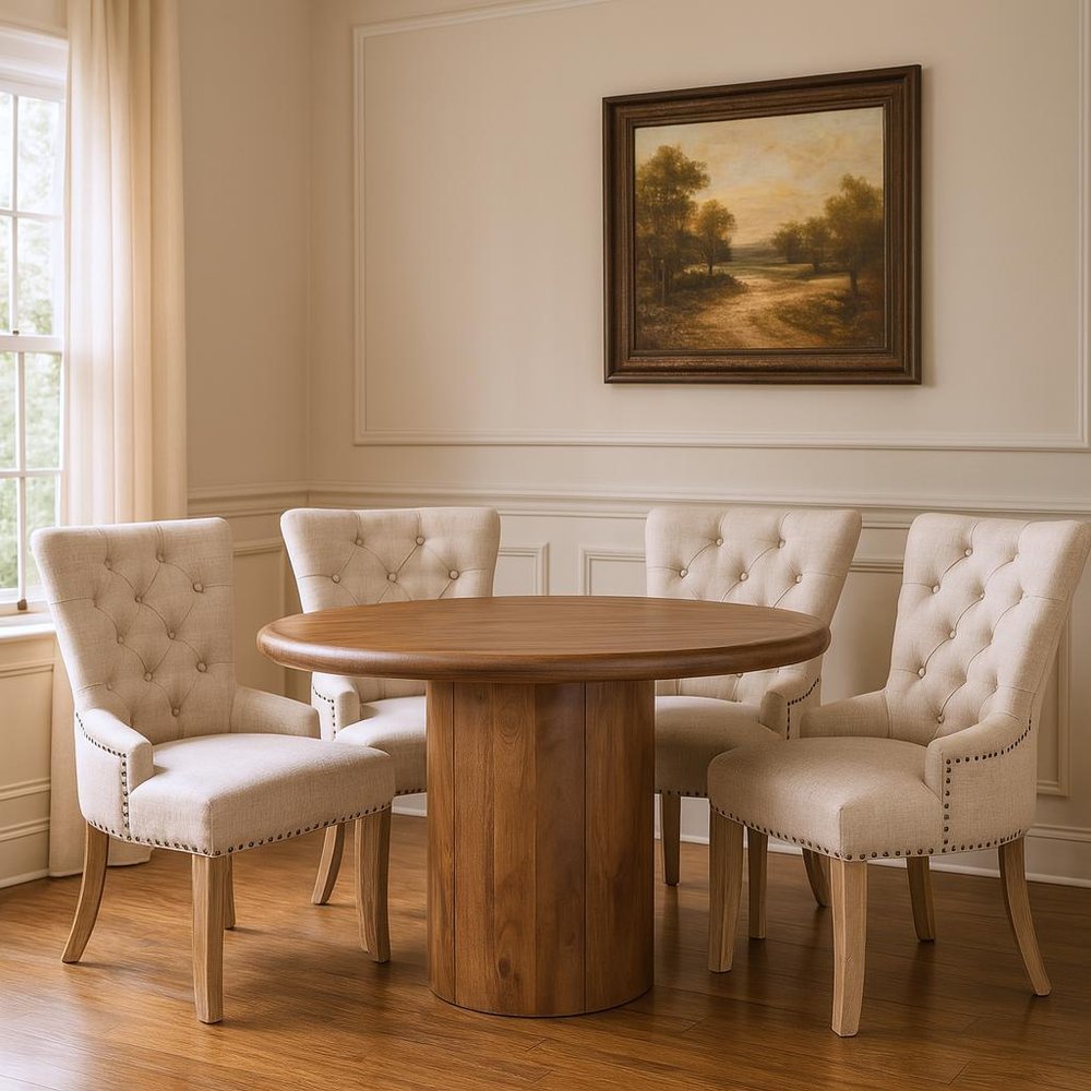 Five Piece Brown Round Solid Wood Dining Set with Four Chairs HomeRoots
