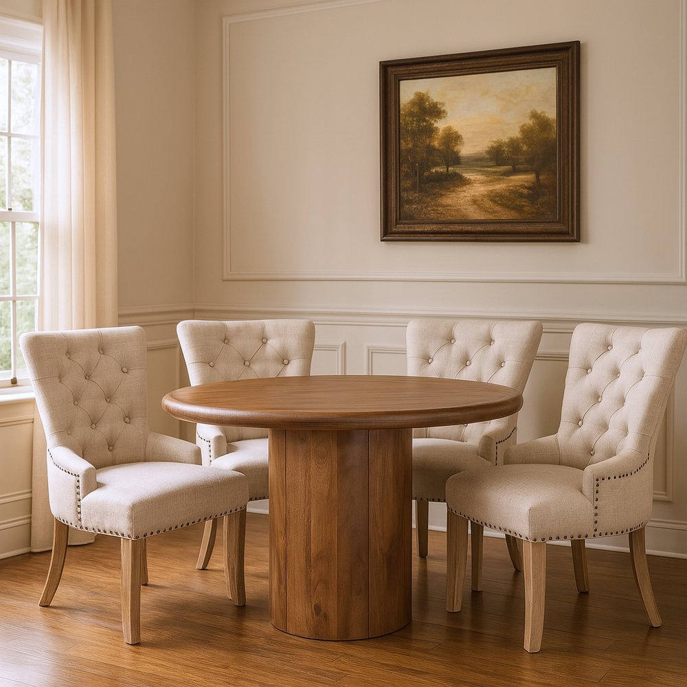Five Piece Brown Round Solid Wood Dining Set with Four Chairs HomeRoots