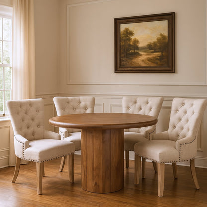 Five Piece Brown Round Solid Wood Dining Set with Four Chairs HomeRoots