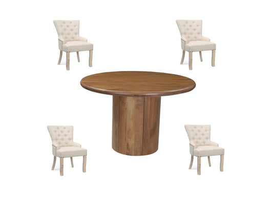 Five Piece Brown Round Solid Wood Dining Set with Four Chairs HomeRoots