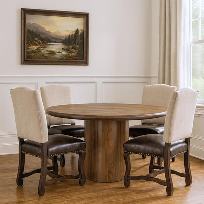 Five Piece Brown Round Solid Wood Dining Set with Four Chairs HomeRoots