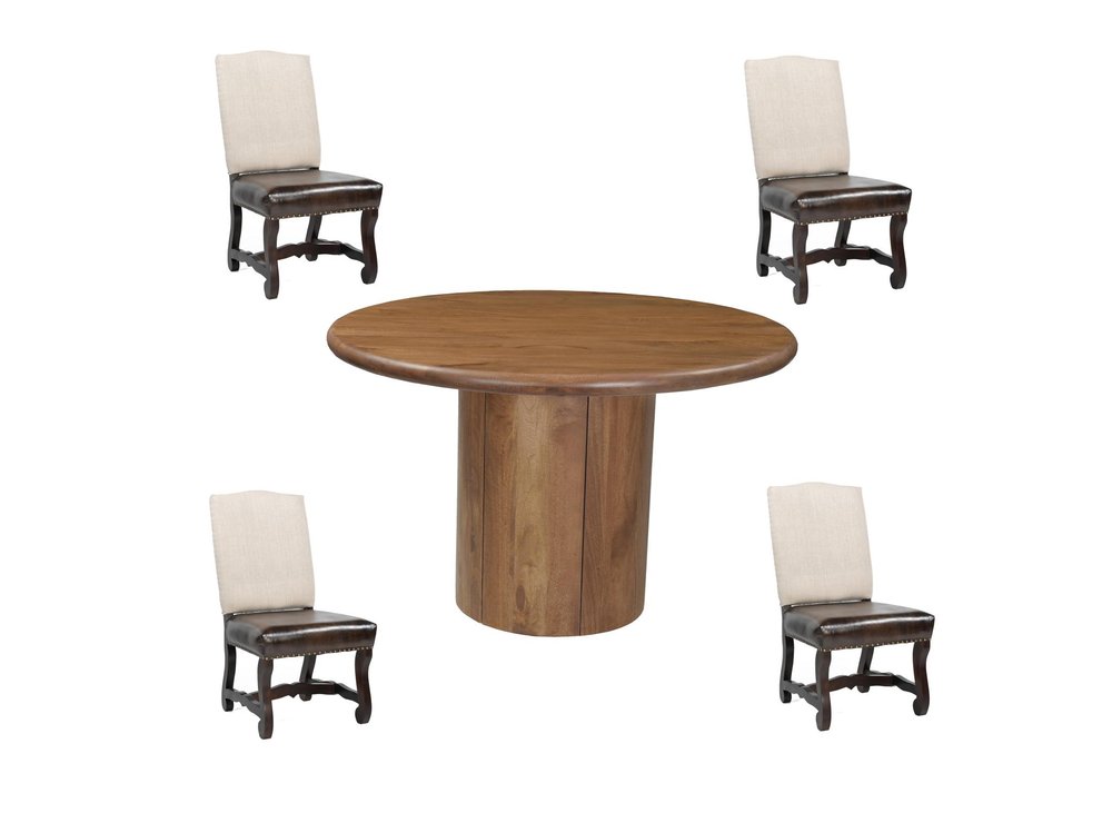 Five Piece Brown Round Solid Wood Dining Set with Four Chairs HomeRoots