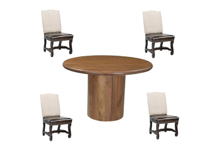 Five Piece Brown Round Solid Wood Dining Set with Four Chairs HomeRoots