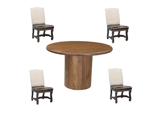 Five Piece Brown Round Solid Wood Dining Set with Four Chairs HomeRoots