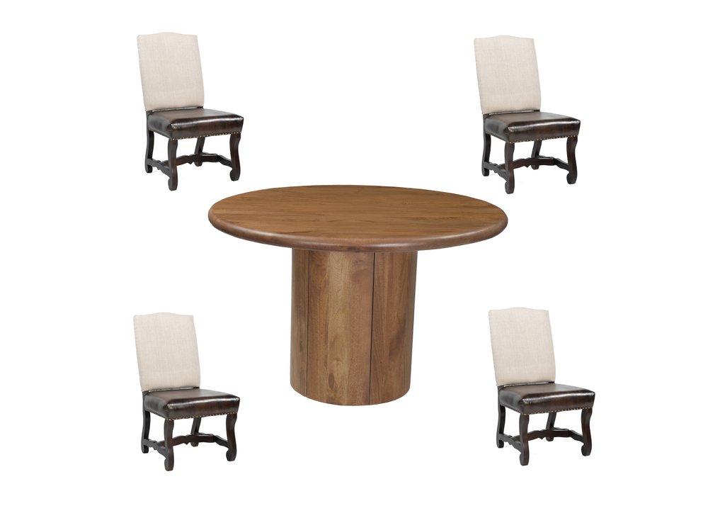 Five Piece Brown Round Solid Wood Dining Set with Four Chairs HomeRoots