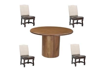 Five Piece Brown Round Solid Wood Dining Set with Four Chairs HomeRoots