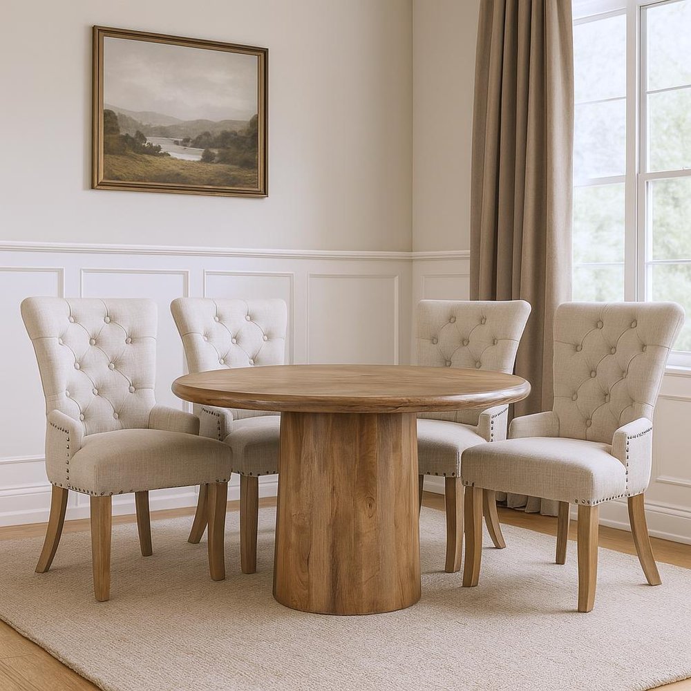 Five Piece Brown Round Solid Wood Dining Set with Four Chairs HomeRoots
