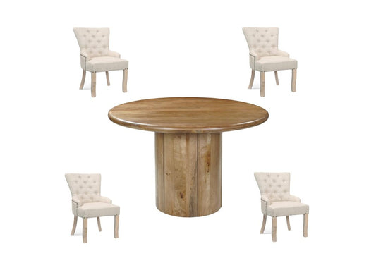 Five Piece Brown Round Solid Wood Dining Set with Four Chairs HomeRoots