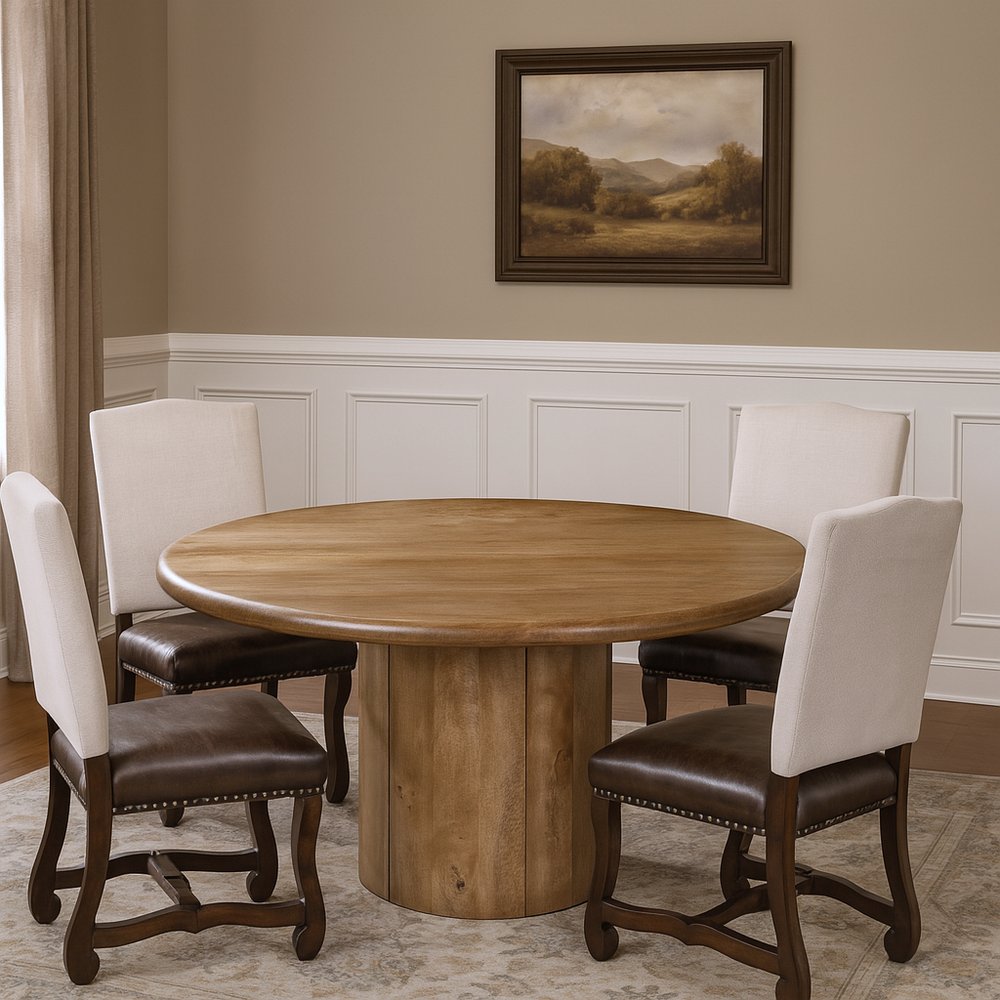 Five Piece Brown Round Solid Wood Dining Set with Four Chairs HomeRoots
