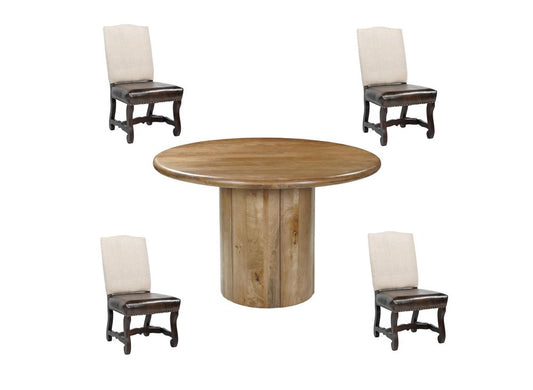 Five Piece Brown Round Solid Wood Dining Set with Four Chairs HomeRoots