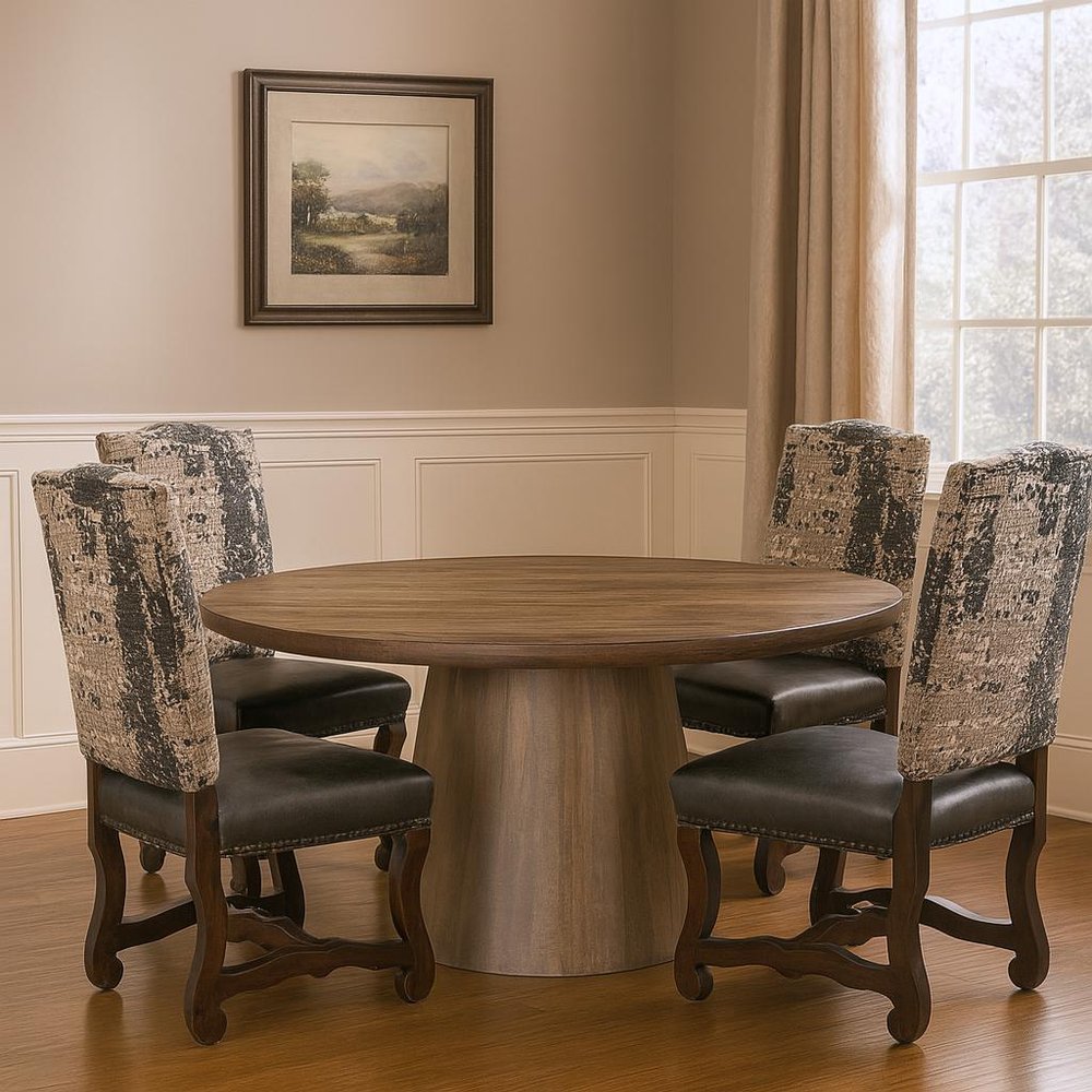 Five Piece Brown Round Solid Wood Dining Set with Four Chairs HomeRoots
