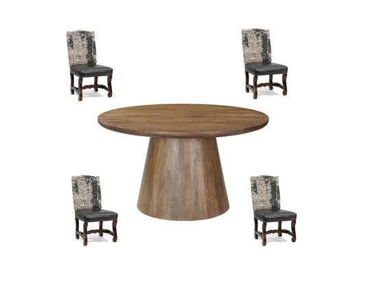 Five Piece Brown Round Solid Wood Dining Set with Four Chairs