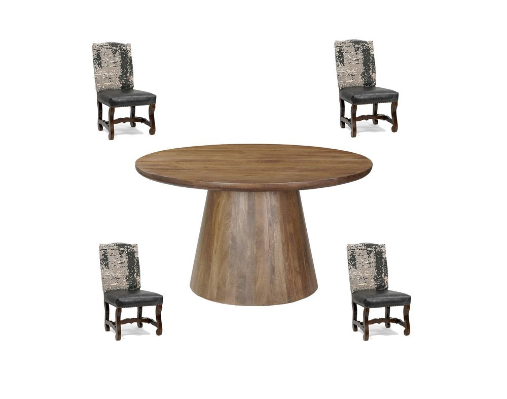 Five Piece Brown Round Solid Wood Dining Set with Four Chairs — view 1